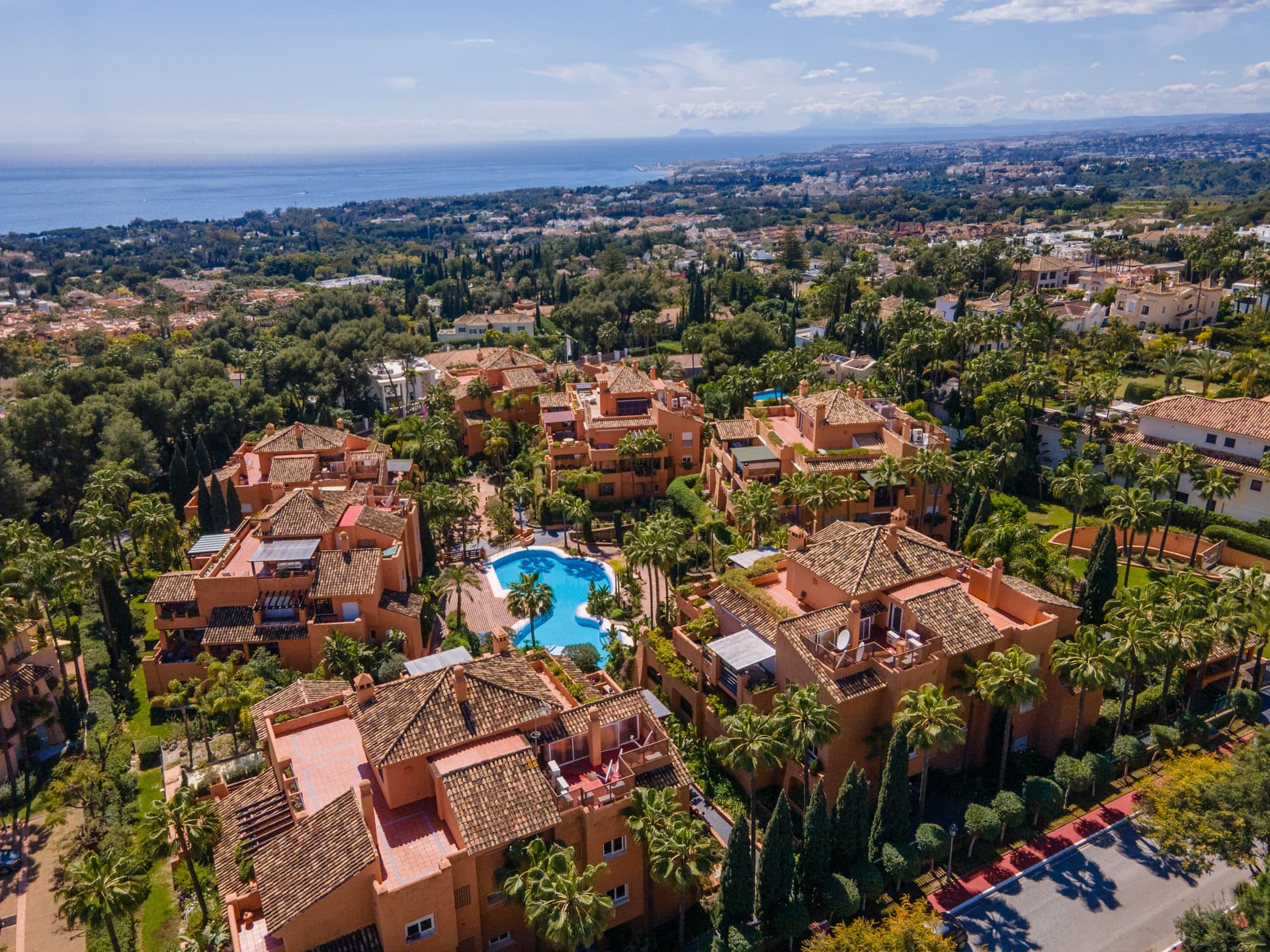 Drone view over lagos de sierra blanca and the Marbella Golden Mile